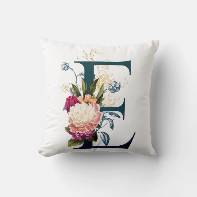Fancy Floral Monogram Letter E Cushion (Front)