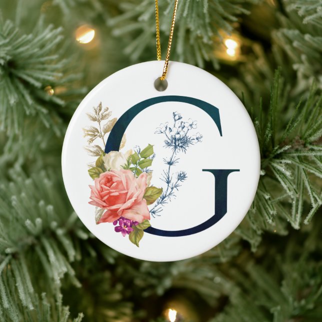 Fancy Floral Monogram Letter G Ceramic Ornament (Tree)
