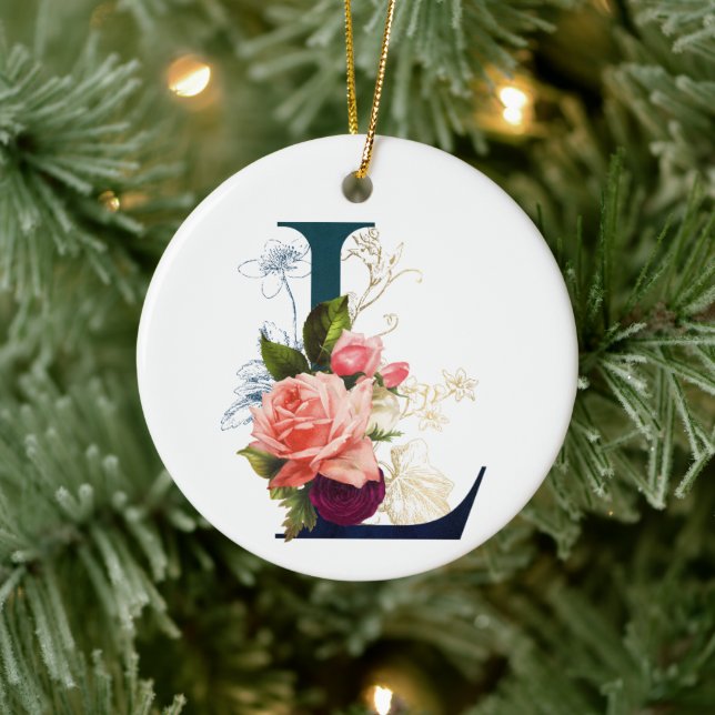 Fancy Floral Monogram Letter L Personalised Ceramic Ornament (Tree)