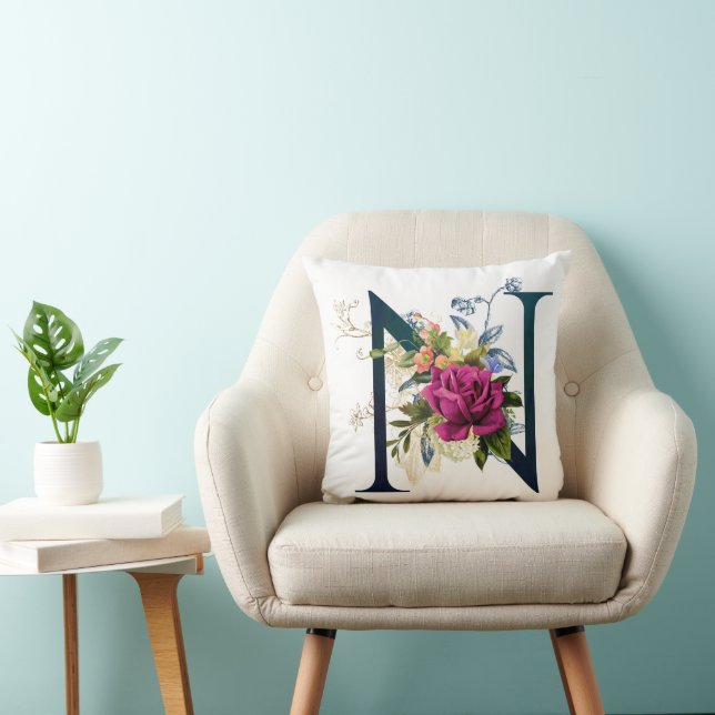 Fancy Floral Monogram Letter N Cushion (Chair)