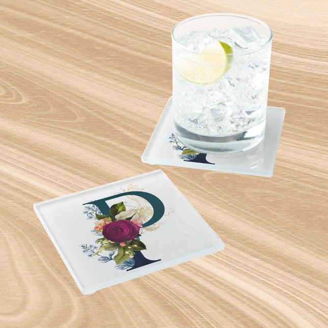 Fancy Floral Monogram Letter P Glass Coaster (Creator Uploaded)