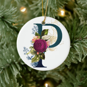 Fancy Floral Monogram Letter P Personalised Ceramic Ornament