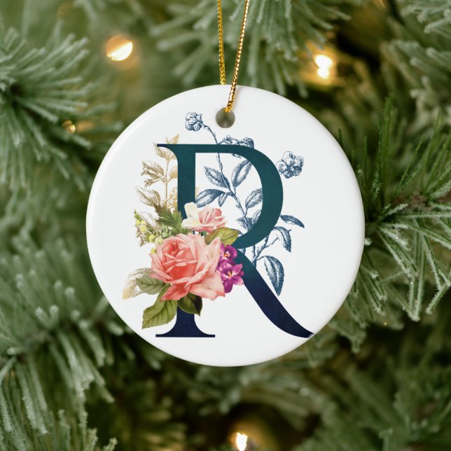 Fancy Floral Monogram Letter R Ceramic Ornament (Tree)