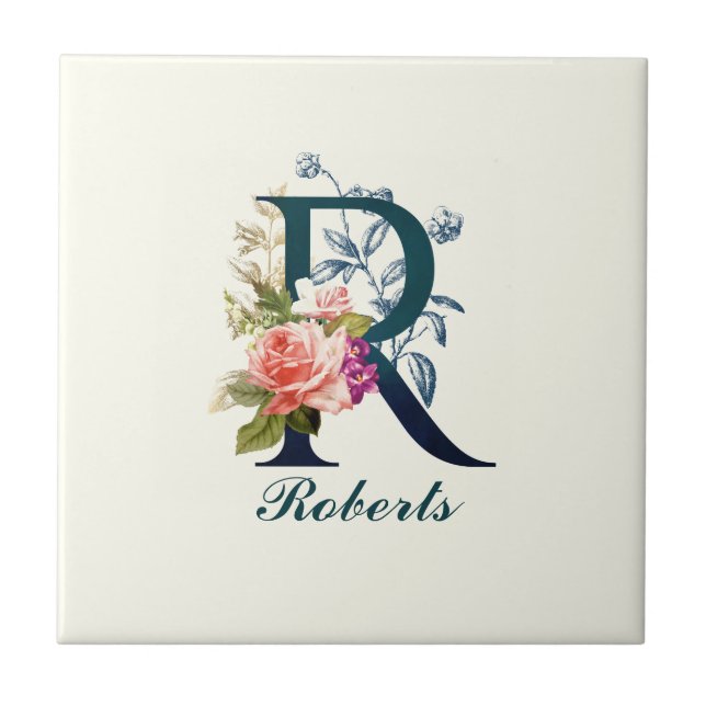 Fancy Floral Monogram Letter R Ceramic Tile (Front)