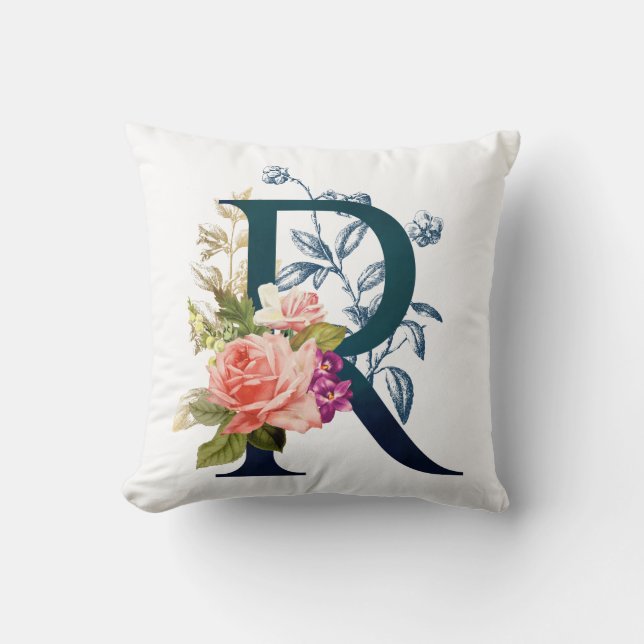 Fancy Floral Monogram Letter R Cushion (Front)