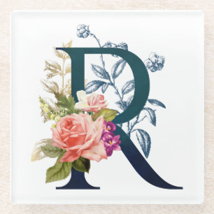 Fancy Floral Monogram Letter R Glass Coaster