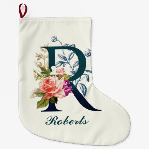 Fancy Floral Monogram Letter R   Large Christmas Stocking