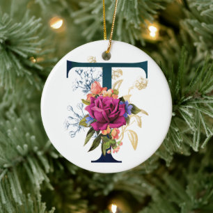 Fancy Floral Monogram Letter T Ceramic Ornament