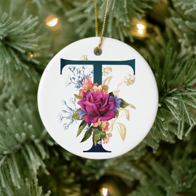Fancy Floral Monogram Letter T Personalised Ceramic Ornament (Tree)
