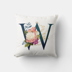 Fancy Floral Monogram Letter W Cushion