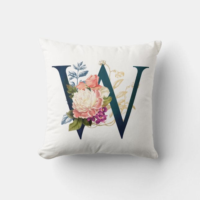 Fancy Floral Monogram Letter W Cushion (Front)