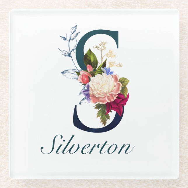 Fancy Floral Navy Monogram Letter S Glass Coaster (Front)