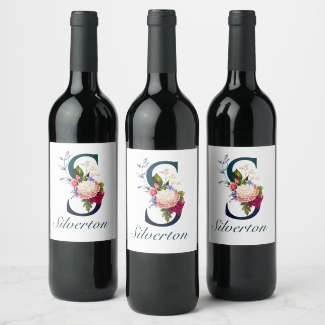 Fancy Floral Navy Monogram Letter S Wine Label (Bottles)