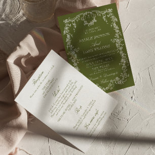 Fancy Floral Olive Green Garden All In One Wedding Invitation