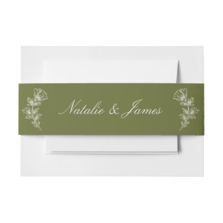 Fancy Floral Olive Green Old Money Retro Wedding Invitation Belly Band