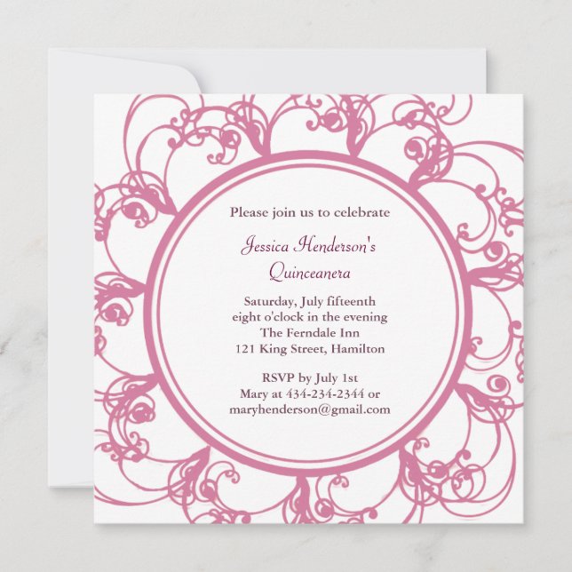 Fancy Floral Quinceanera Invite (pink) (Front)