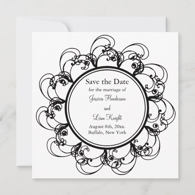 Fancy Floral Save the Date (black/white) (Front)