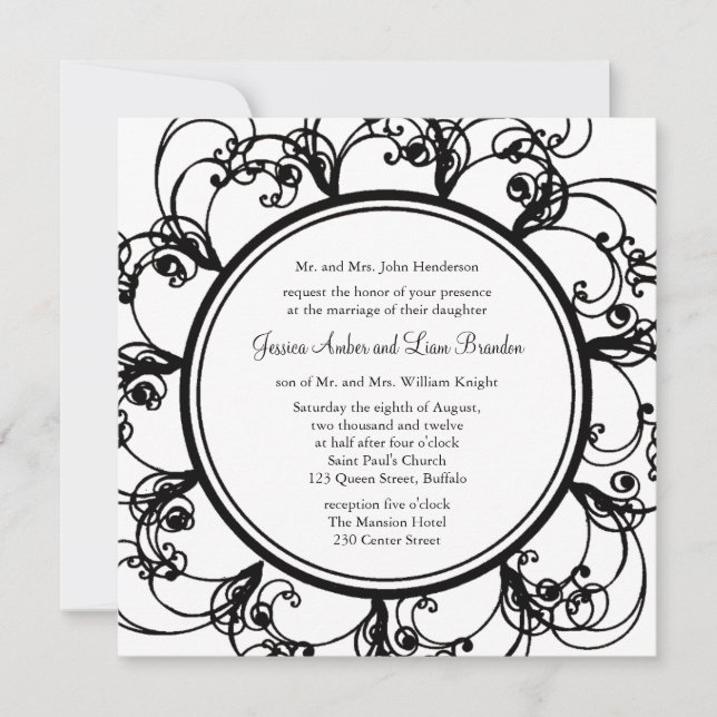 Fancy Floral Wedding Invitation (black/white) (Front)