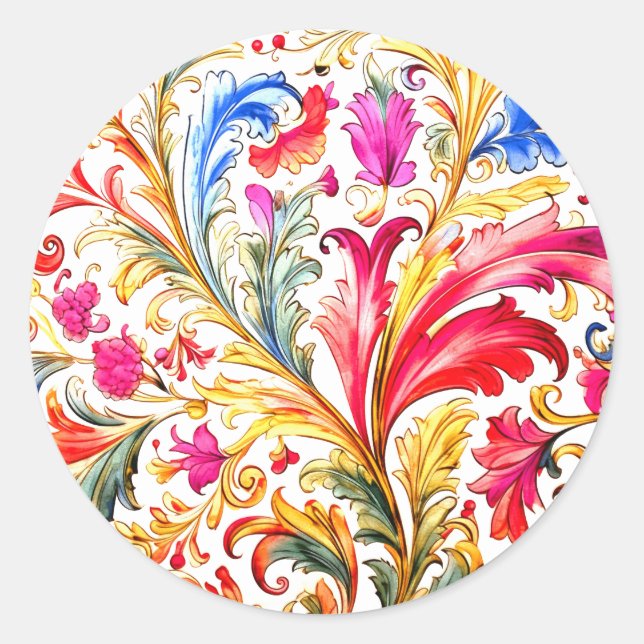 Fancy Florentine Design Watercolor Leaves Classic Round Sticker (Front)