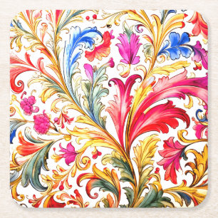 Fancy Florentine Design Watercolor Leaves Square Paper Coaster