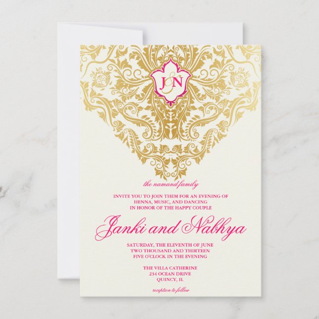 Fancy Flourishes Golden Indian Arabic Wedding Invitation (Front)