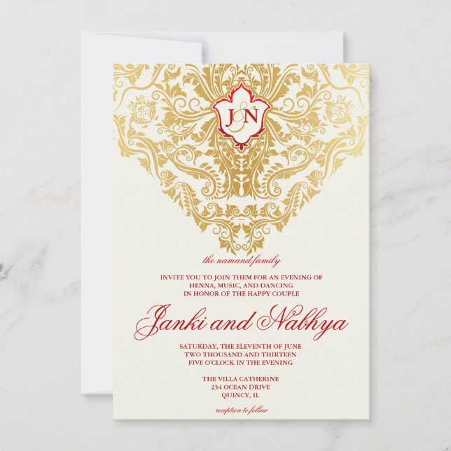 Fancy Flourishes Golden Indian Arabic Wedding Invitation (Front)