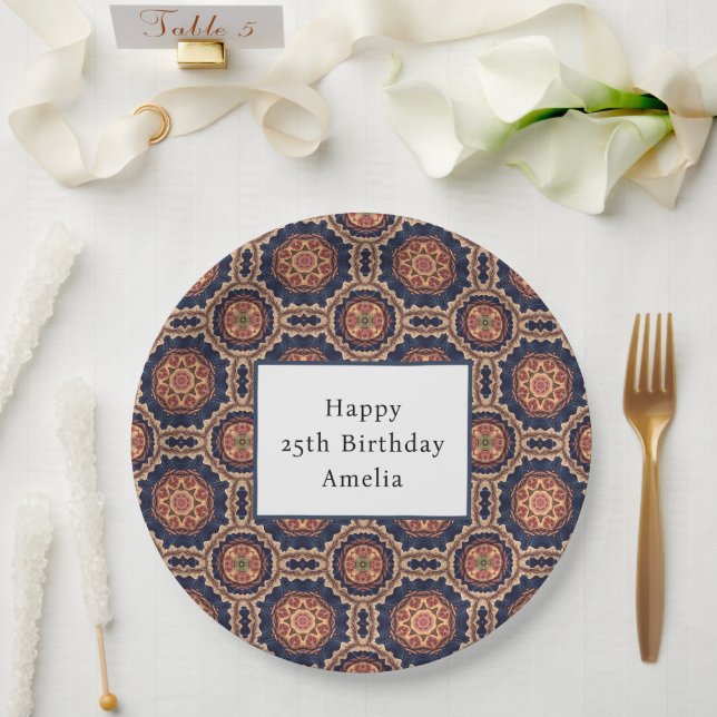 Fancy Flower and Star Shapes Pattern Birthday Paper Plate (Wedding)