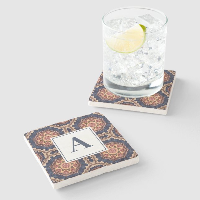Fancy Flower and Star Shapes Pattern Monogram Stone Coaster (Side)