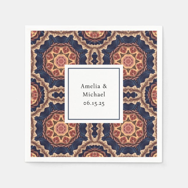 Fancy Flower and Star Shapes Pattern Wedding Napkin (Front)