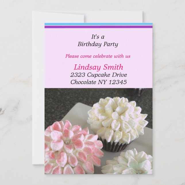 Fancy Flower Cupcakes Birthday Party Invitation (Front)