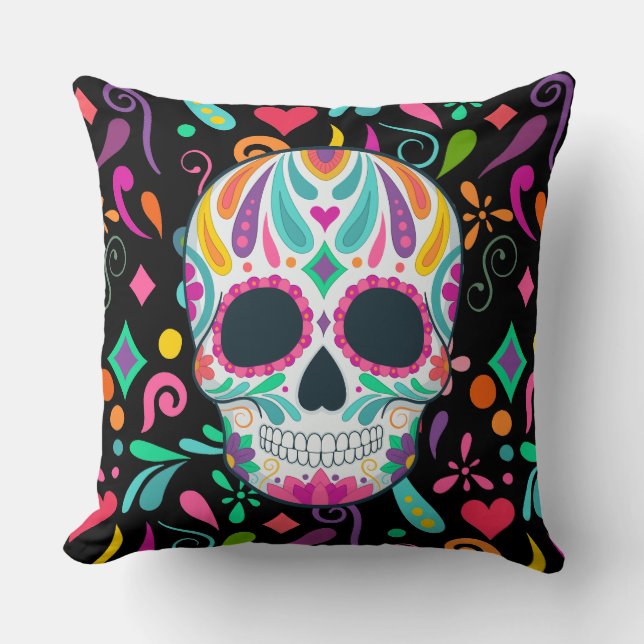 Fancy Flowered Sugar Skull Cushion (Front)