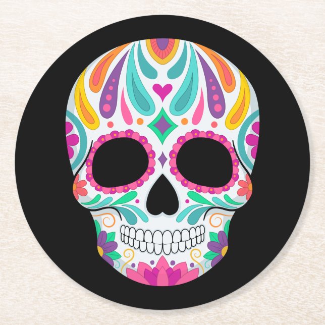 Fancy Flowered Sugar Skull Round Paper Coaster (Front)