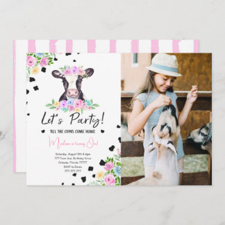 Fancy Font Cow Birthday Photo Invitation