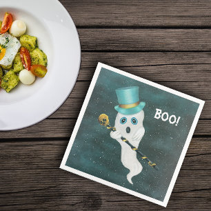 Fancy Ghost in Blue Top Hat Holding Skull Can Sky Napkin