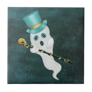 Fancy Ghost in Night Sky Bright Blue Eyes Skull Ceramic Tile