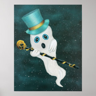 Fancy Ghost Silly Face Top Hat Cane Starry Sky Poster