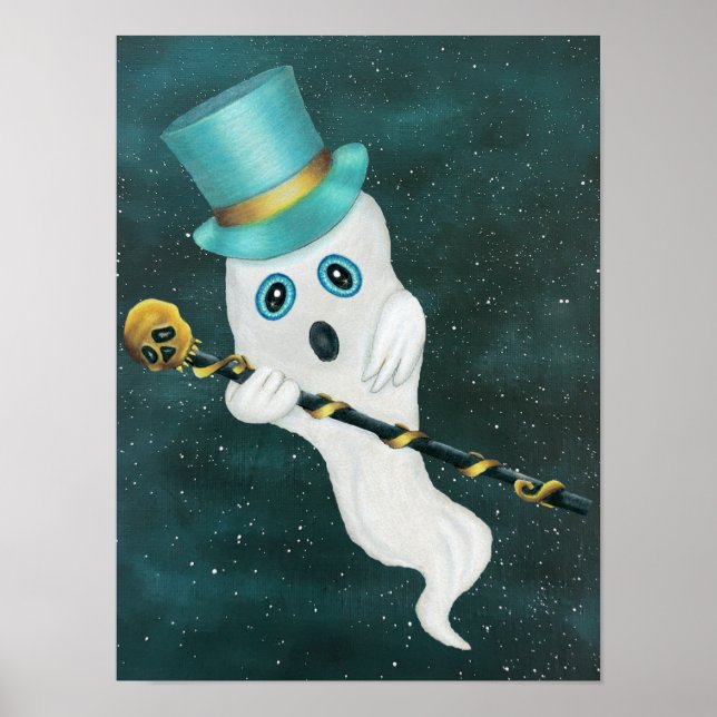 Fancy Ghost Silly Face Top Hat Cane Starry Sky Poster (Front)
