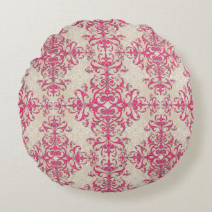 Fancy Girly Pink and Off White Damask Style Round Cushion