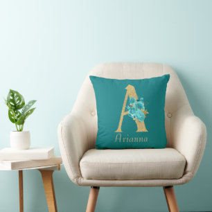 Fancy Gold & Aqua Floral Letter A Throw Pillow
