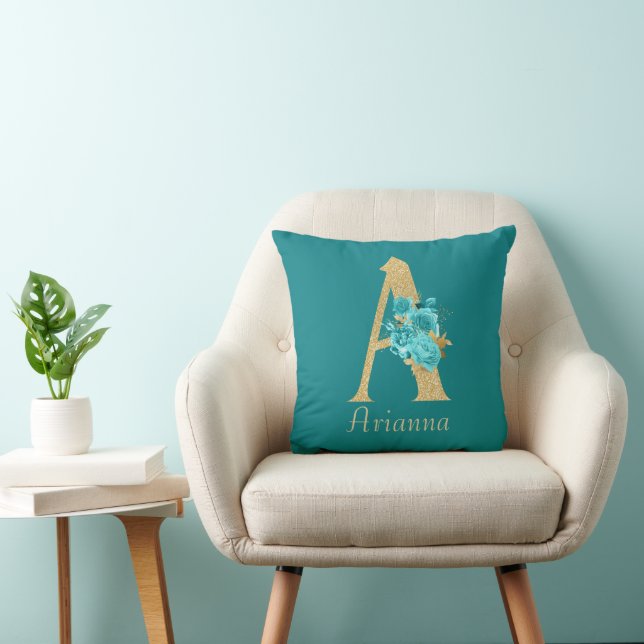 Fancy Gold & Aqua Floral Letter A Throw Pillow (Chair)