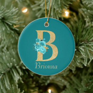 Fancy Gold & Aqua Floral Letter B   Ceramic Ornament