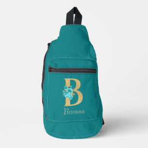 Fancy Gold & Aqua Floral Letter B Sling Bag