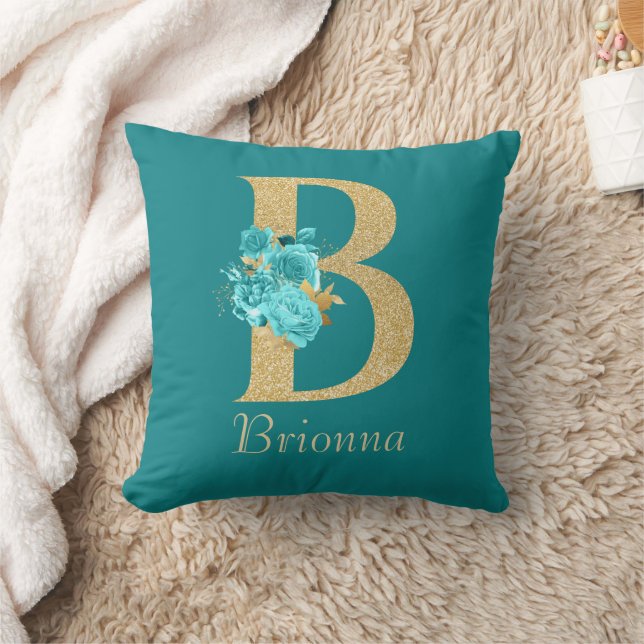 Fancy Gold & Aqua Floral Letter B Throw Pillow (Blanket)
