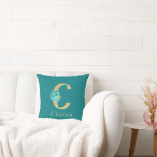 Fancy Gold & Aqua Floral Letter C Throw Pillow