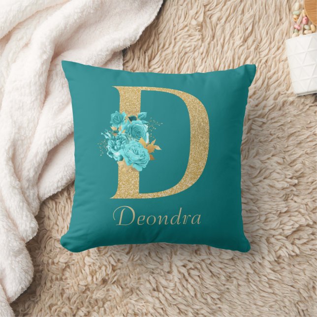 Fancy Gold & Aqua Floral Letter D Throw Pillow (Blanket)