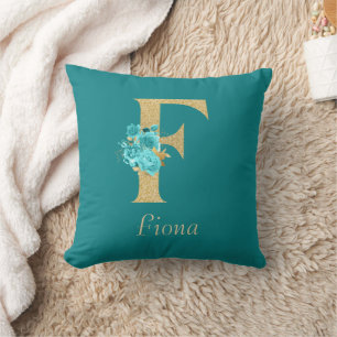 Fancy Gold & Aqua Floral Letter F Throw Pillow