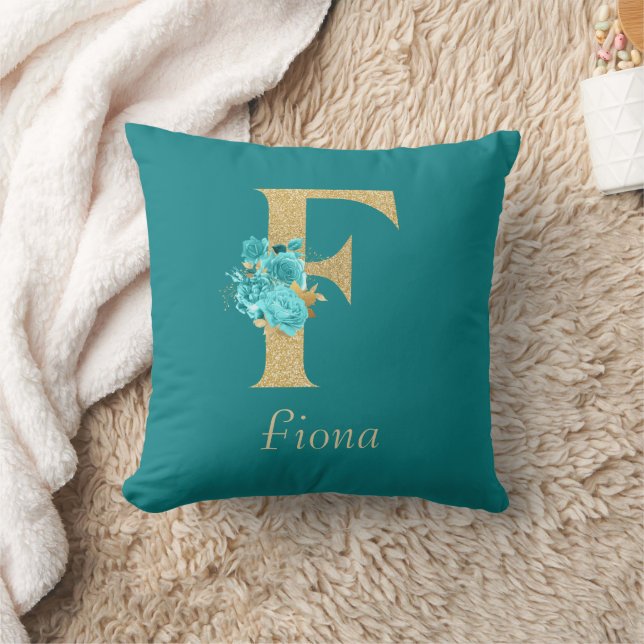Fancy Gold & Aqua Floral Letter F Throw Pillow (Blanket)