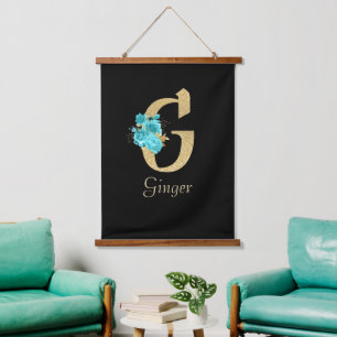 Fancy Gold & Aqua Floral Letter G   Hanging Tapestry