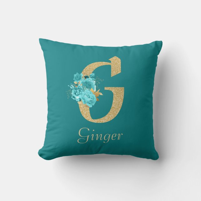 Fancy Gold & Aqua Floral Letter G Throw Pillow (Front)
