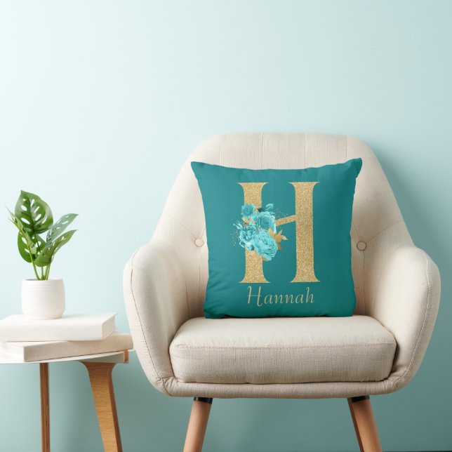 Fancy Gold & Aqua Floral Letter H Cushion (Chair)